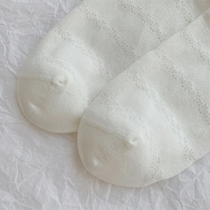 Detail of white hollow pointelle knit toe on breathable lightweight cotton socks