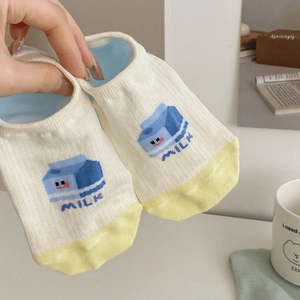 Close-up of cute cartoon milk pattern on breathable mesh cotton low cut socks