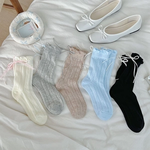 Women Sweet Mid-Calf Socks Cotton Blend Breathable Diamond Knit Ribbon Bow Frill Trim Japanese Korean Style Girls