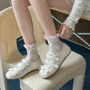 Détail de chaussures Mary Jane blanches à double bride et chaussettes en dentelle