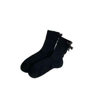 Japanese style black crew socks with vertical ribs and back satin bow detail