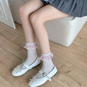 Sweet white Mary Jane shoes with matching lace trim plaid socks for girls school style