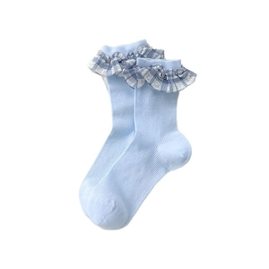 Light blue mid-calf socks with plaid ruffle trim and vertical ribbed knit texture