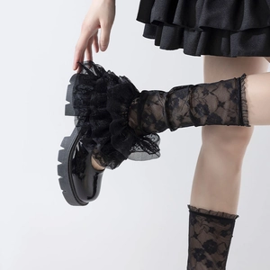 Gothic black lace leg warmers with floral patterns and layered ruffles for women