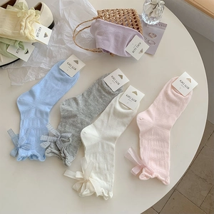 Detail of sweet bow knot on pastel ribbed socks with delicate scalloped lace edges