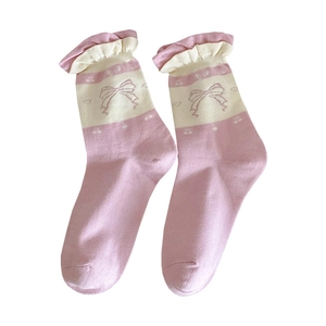 Retro bow-knot frill socks in pink and beige patchwork design with heart pattern