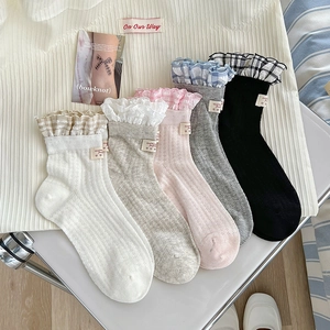 Chaussettes Mi-Hautes En Coton Pour Femmes Doux Carreaux Volants Dentelle Écusson Cœur Respirant Style Coréen