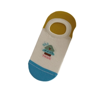 Breathable mesh cotton invisible socks with cartoon tree embroidery and non-slip silicone