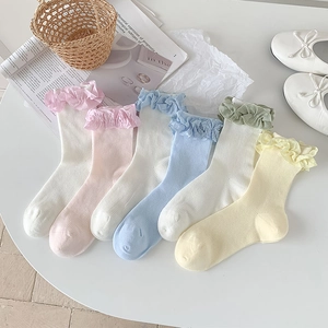 Chaussettes Mi-Mollet Femmes Coton Côtelé Bordure Volantée Doux Respirant Style Ballet Mode Lolita JK Bonneterie