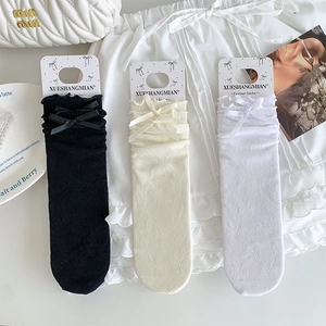 Women Mid-Calf Socks Nylon Lace Mesh Breathable Bowknot Sweet Lolita JK Style Japanese Hollow Out Hosiery
