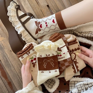 Vintage college style mid-calf socks with lace trim, bows, cherry prints and checkers