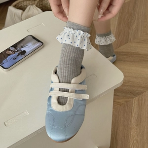 Grey ribbed ballet socks with white polka dot ruffles and blue flats in a 45-degree view