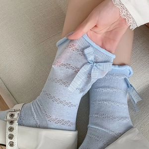 Sweet light blue mesh socks with bow and scalloped edge in JK style and Lolita fashion