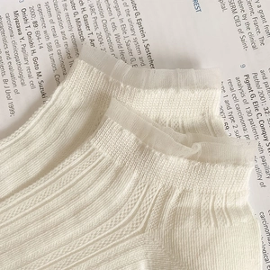 Close-up of white cotton socks with delicate lace ruffle edge and ribbed texture