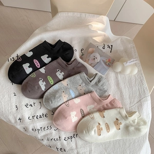 Women Boat Socks Breathable Cotton Low Cut Invisible Anti-Slip Cartoon Bear Bunny Love Cute Casual