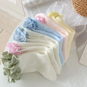 Détails des bords volantés et de la texture côtelée sur chaussettes pastel style ballet