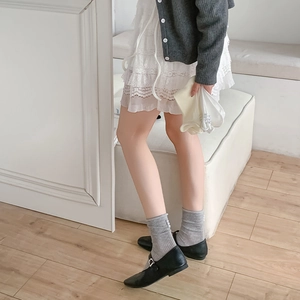 Detail of ballet style ribbed crew socks featuring side pearl accents and lettuce trim