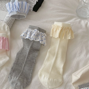 Detailed macro view of ballet style lace socks with frilly edges and polka dot patterns