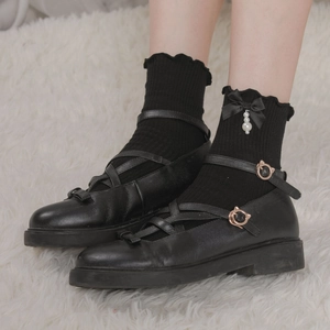 Lolita style black Mary Janes with cat buckles and ruffle pearl bow crew socks