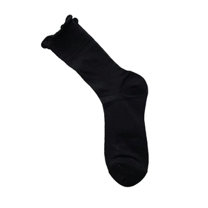 Breathable cotton mid-calf socks with ruffled edges in solid black for women