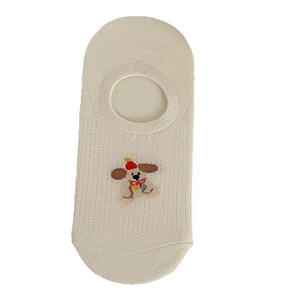 Breathable cotton invisible low cut boat socks for women with cartoon dog embroidery