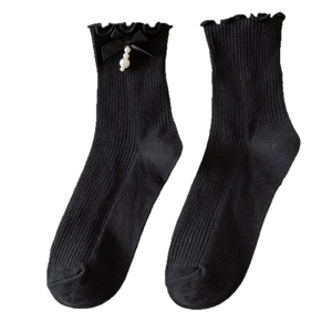 Lolita style black calf socks with ruffled edges, satin bow and pearl pendants
