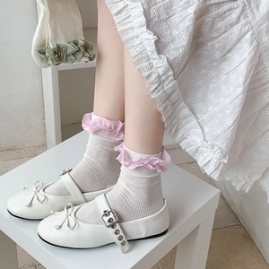 Détail de chaussettes blanches en maille côtelée avec bords roses et Mary Jane
