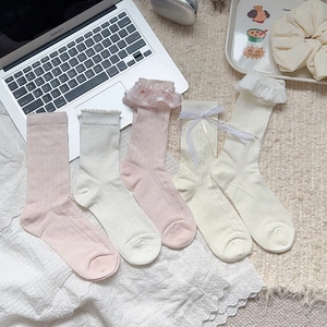 Women Cotton Lace Crew Socks Sweet Ruffle Bow Knot Hollow Out Breathable JK Lolita Style Mid Calf Socks