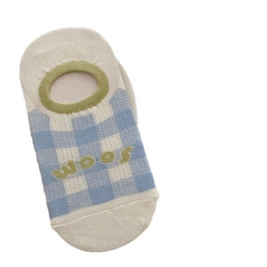 Minimalist light blue checkered invisible cotton socks with silicone non-slip elastic cuff
