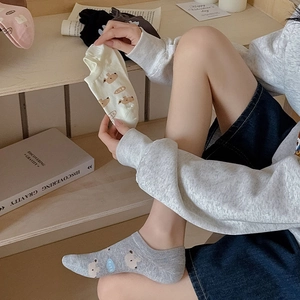 Detail of cute bear pattern on women's cotton boat socks with silicone non-slip heel