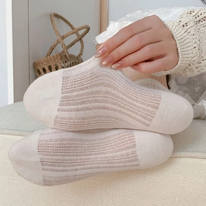Close-up of light beige lace ankle socks featuring breathable hollow mesh and soft fabric