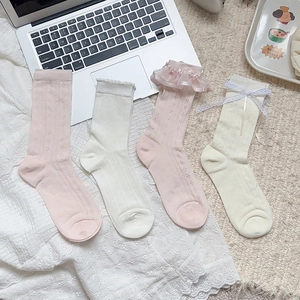 Detailed view of heart-knit lace socks with bows and ruffles in pink and white