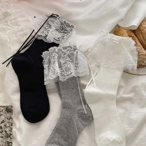 Chaussettes Mi-hautes En Coton Pour Femmes Avec Bordure En Dentelle Et Nœud Style Lolita Doux