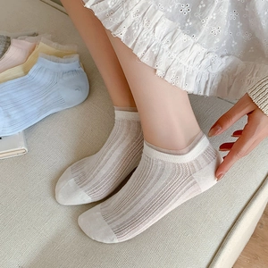Close-up of sheer lace trim on thin pastel crew socks with vertical stripe texture