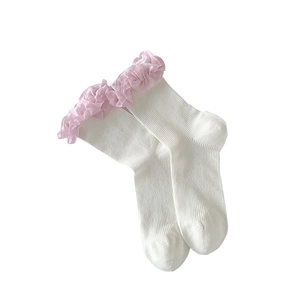 Chaussettes mi-mollet style ballet avec bordure en dentelle rose et maille côtelée blanche