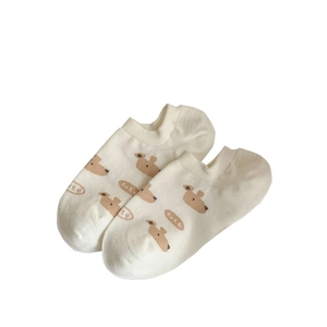 Cute Japanese style low cut cotton socks with brown bear patterns and CUTE text