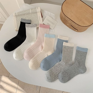Women Crew Socks Cotton Blend Breathable Mesh Ribbed Knit Contrast Trim Sweet JK Style Mid Calf Casual
