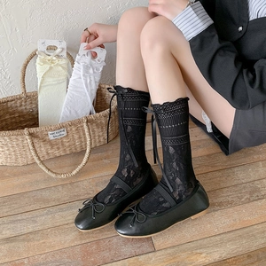 Chaussettes en dentelle Lolita avec nœuds en ruban et maille respirante au style doux