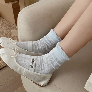 White ballet flats with bow and light blue diamond patterned lace trim crew socks