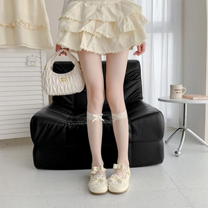 Detail of sweet Lolita sheer socks with satin bows and lace-up Mary Jane shoes