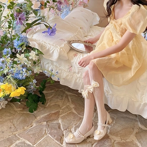 Lace bow mesh tights with yellow puff sleeve dress and white Mary Jane shoes