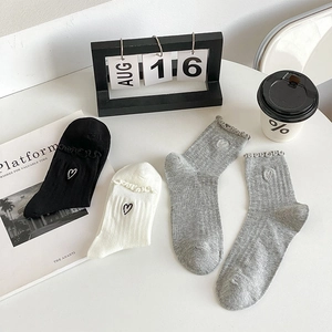Detail of sweet heart embroidery and ruffle edges on breathable mesh cotton socks