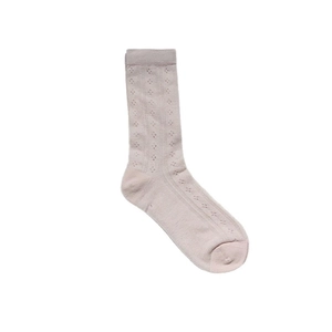 Pale pink lace knit crew socks with mesh eyelets and vertical ribbed texture for women