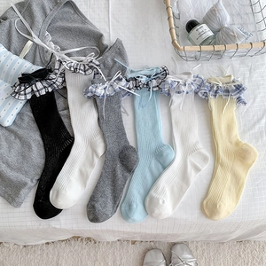 Chaussettes Mi Mollet Pour Femmes Coton Tricoté Bordure Volants À Carreaux Nœud Papillon Style Lolita Japonaise