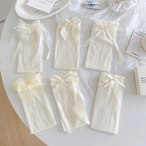 Lolita Mesh Calf Socks With Ribbon Bow Ultra Thin Transparent Sweet Japanese Style Creamy White For Women