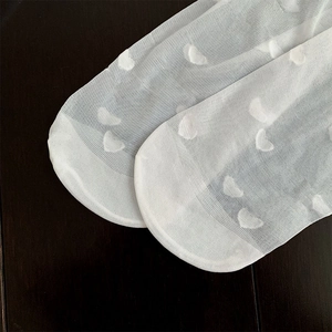 Macro detail of white mesh socks with delicate heart pattern and breathable texture