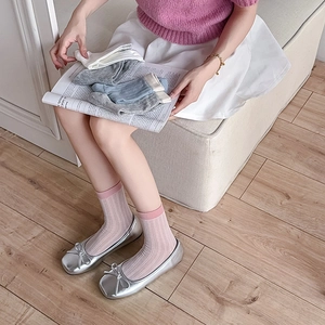 Detail of sheer vertical stripe crew socks in pink and white patchwork for summer