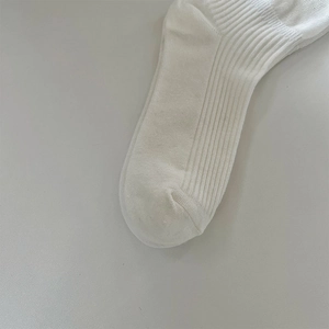 Detail of white ribbed knit cotton socks showing premium heel stitching and fabric texture