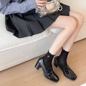 Sweet heart embroidery ruffled socks with black loafers and grey pleated skirt for women