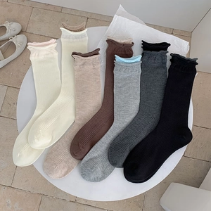 Damen Wadenhohe Socken Baumwolle Gerippt Strick Volant Rollsaum Kontrastfarbe Japanischer Süßer Stil